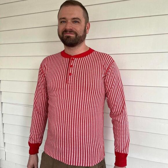 Vintage Mens Shirt Red White Striped Canyon River Poly Cotton M - Picture 2 of 4